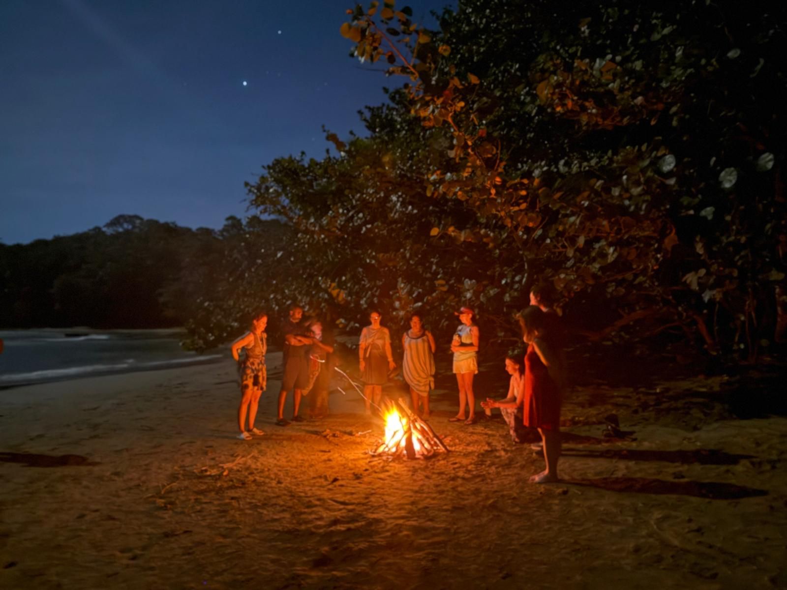 The group gathered around a bonfire on the beach at night
