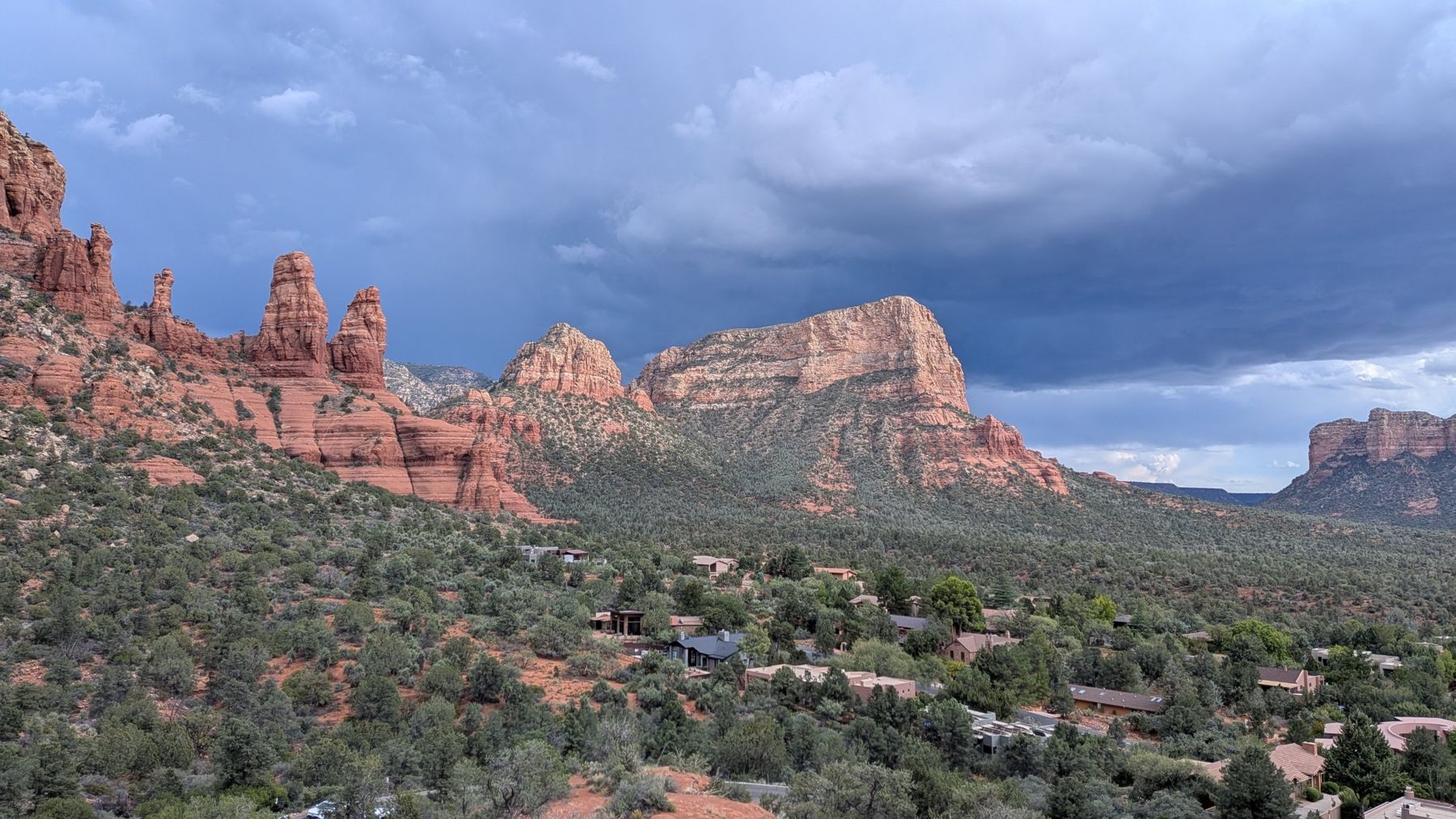 Sedona's red rock formations under a stormy sky